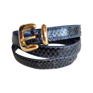 Vintage Snakeskin Waist Belt in blue with brass tone buckle medium